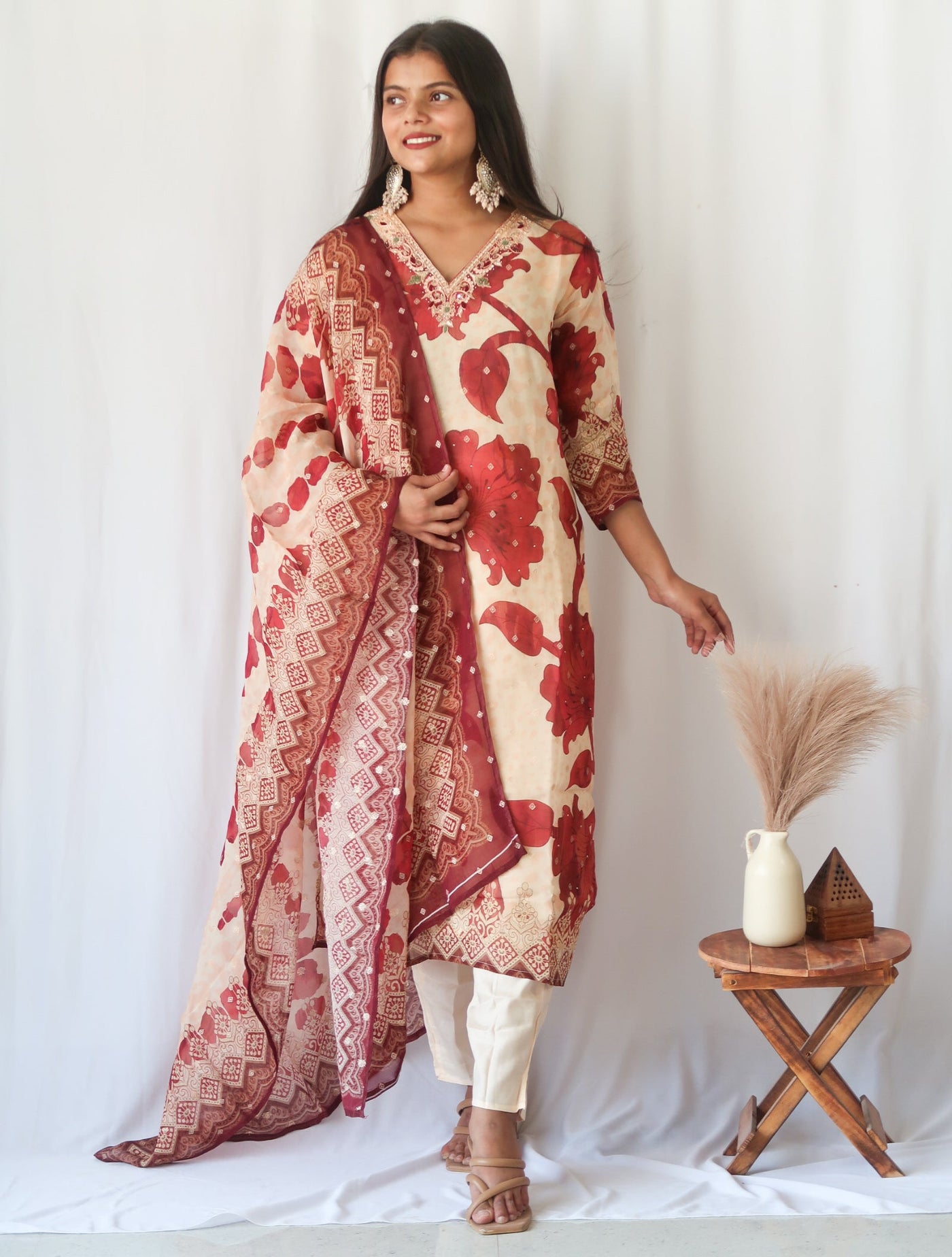 Crimson Bloom Tissue Shimmer Slim fit Suit Set - SALE