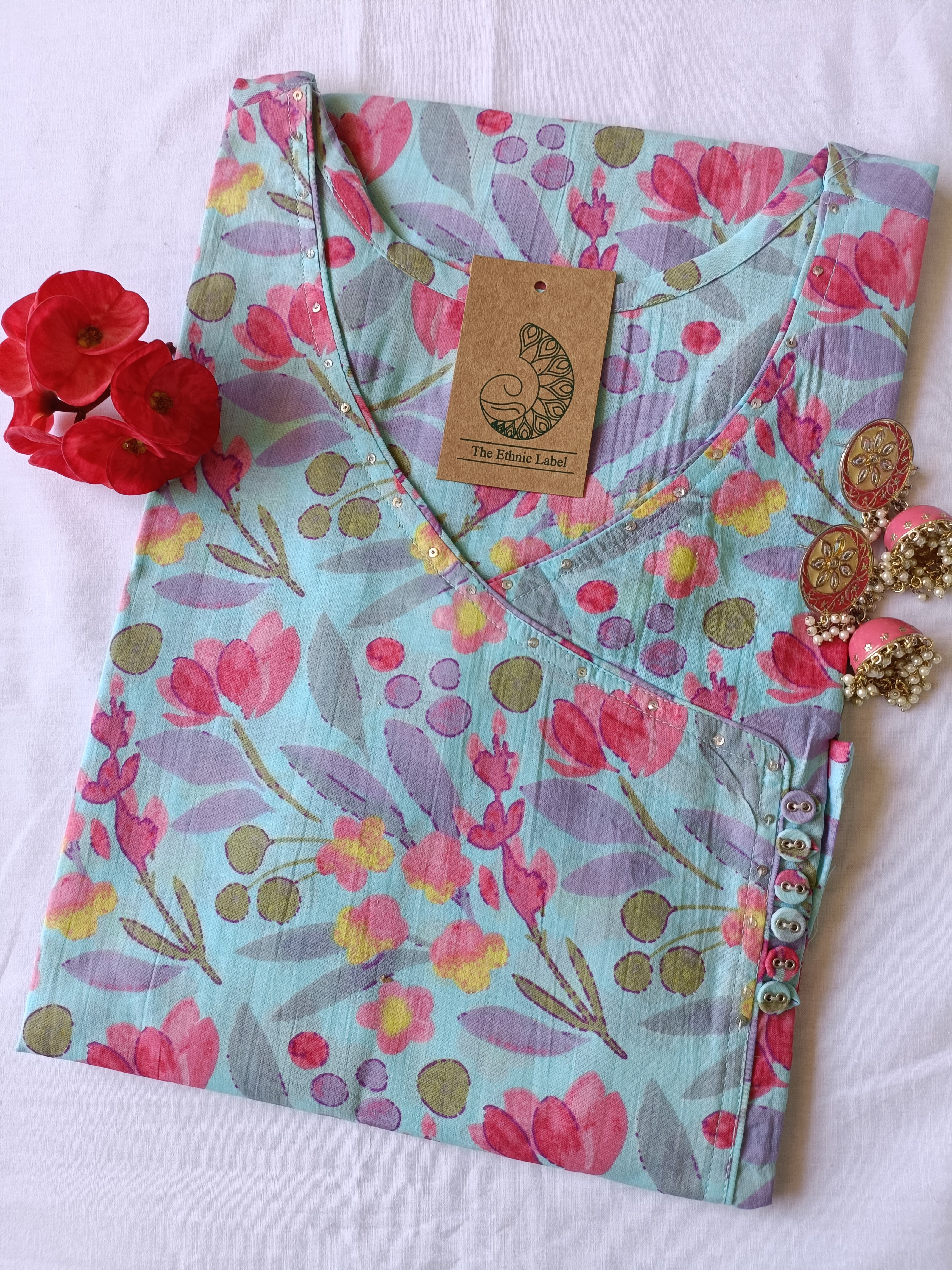 Blue Pink Jaal Angrakha Cotton Kurta - S