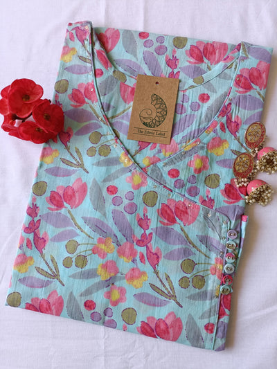 Blue Pink Jaal Angrakha Cotton Kurta - S