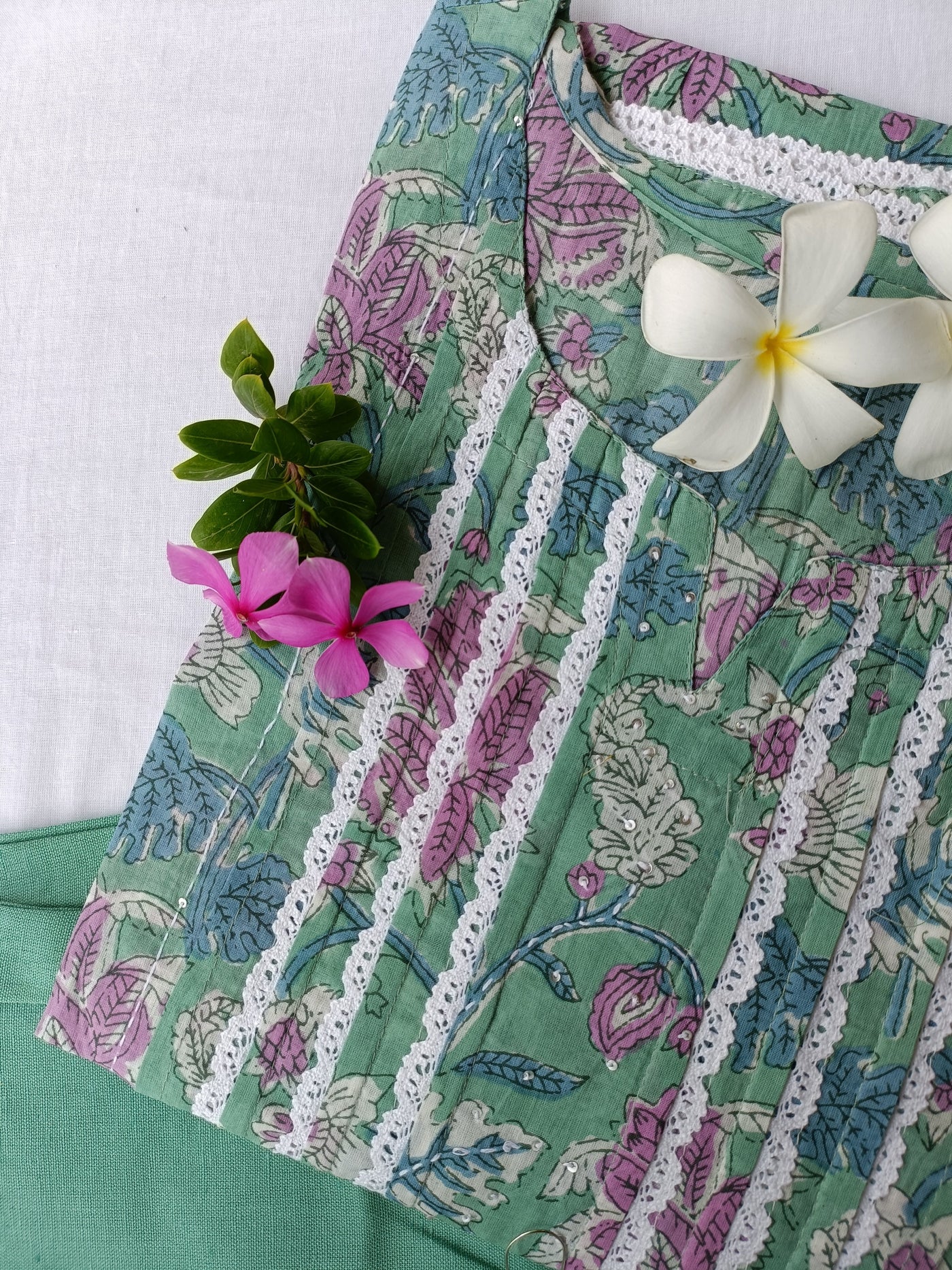 Sea Green Flaura Laced Kurta Set(2pc) - S