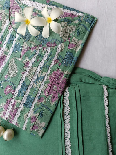 Sea Green Flaura Laced Kurta Set(2pc) - S