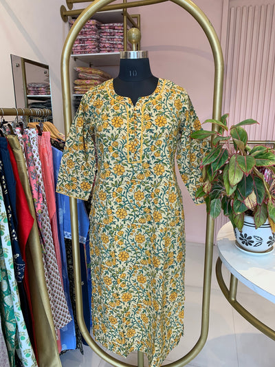 "Kiran" Hand Block Printed Laced Cotton kurta