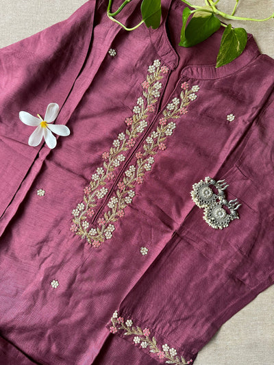 "Meena" Hand Embroidered Wine Silk Kurta