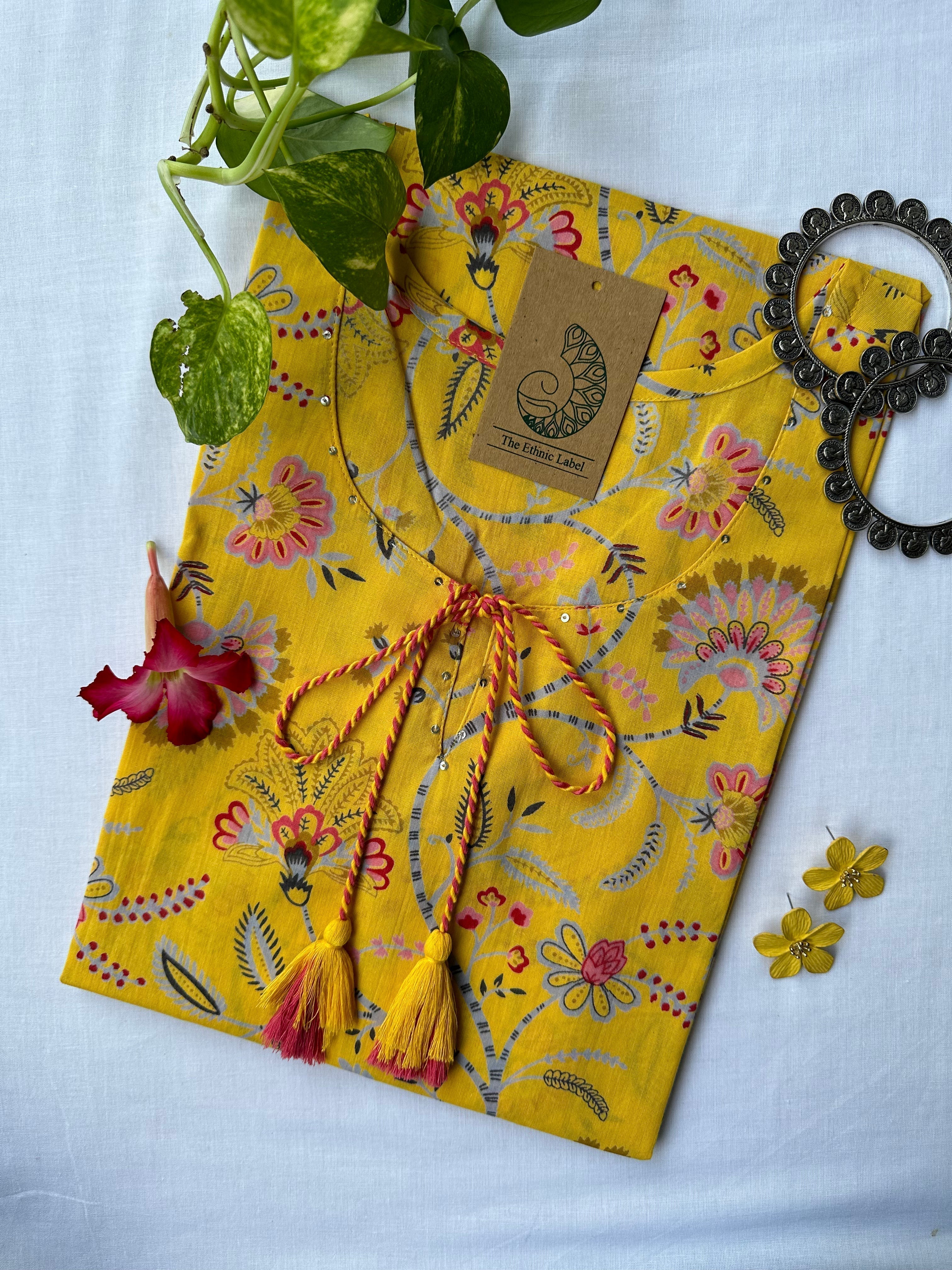 "Flavia" Yellow Sanganeri Hand Block Printed Cotton kurta