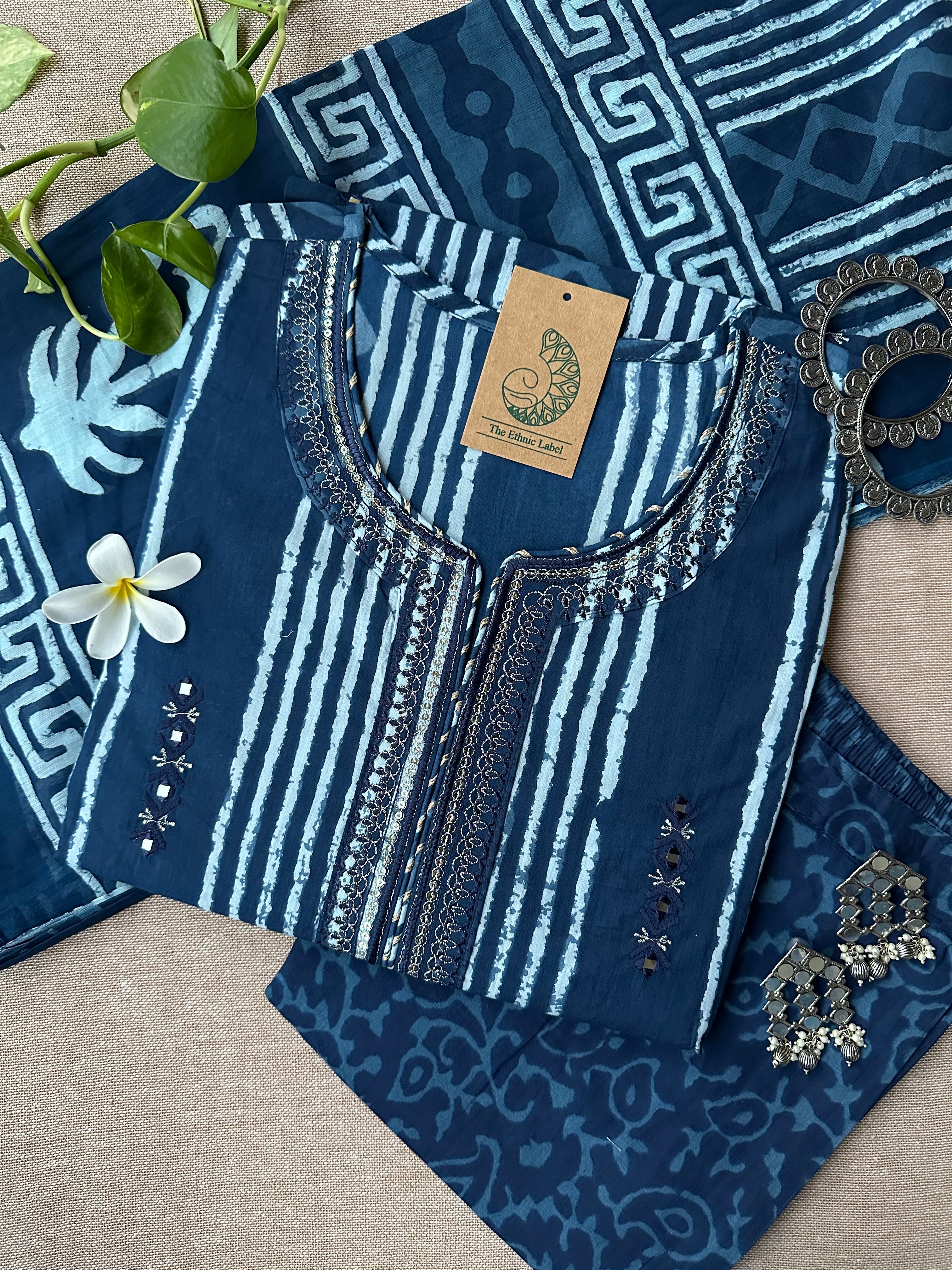 "Nazar" Indigo Hand Embroidered Kurta Set with dupatta(3pc)