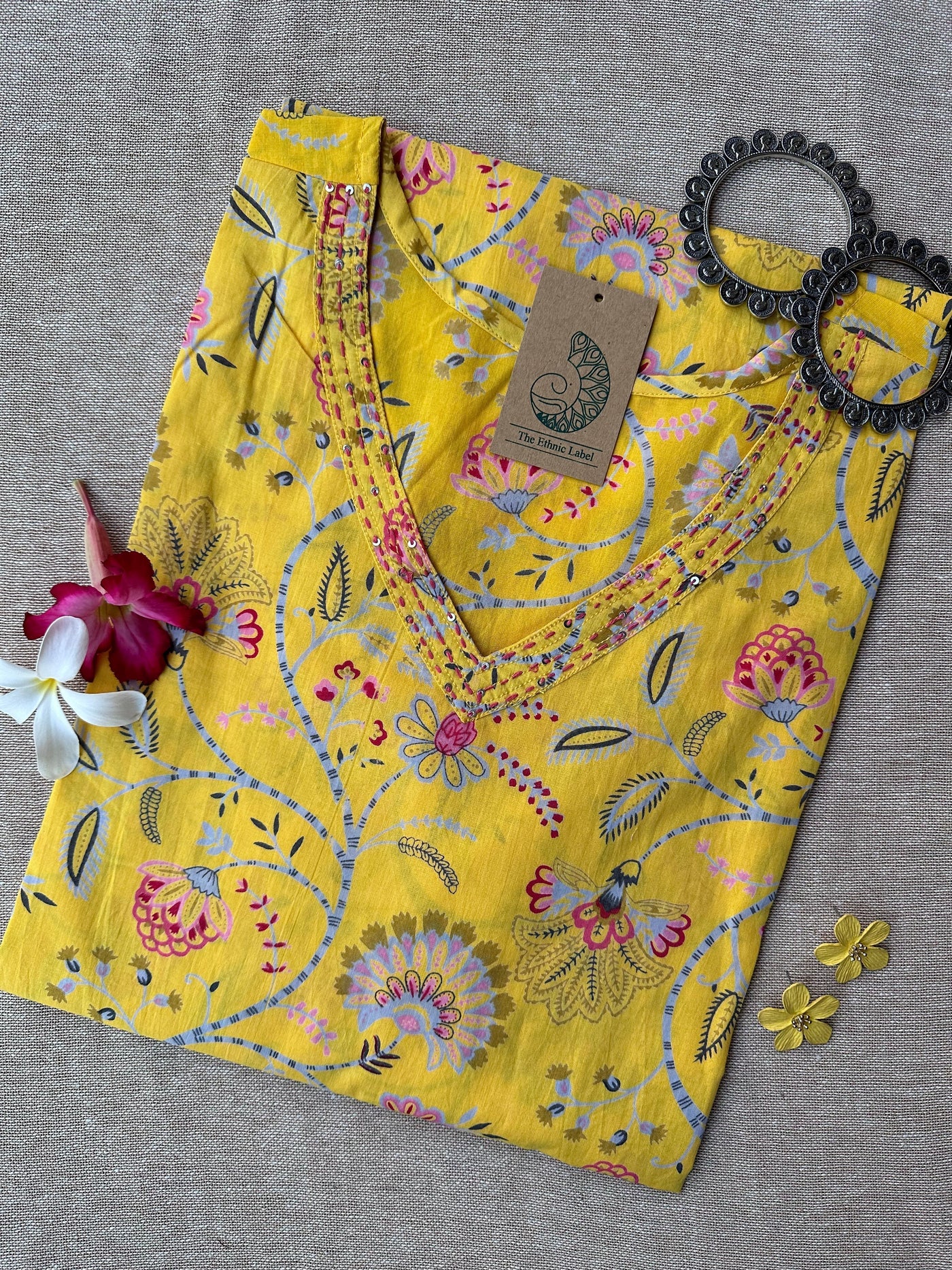 "Flavia" Yellow Sanganeri Hand Block Printed Cotton kurta