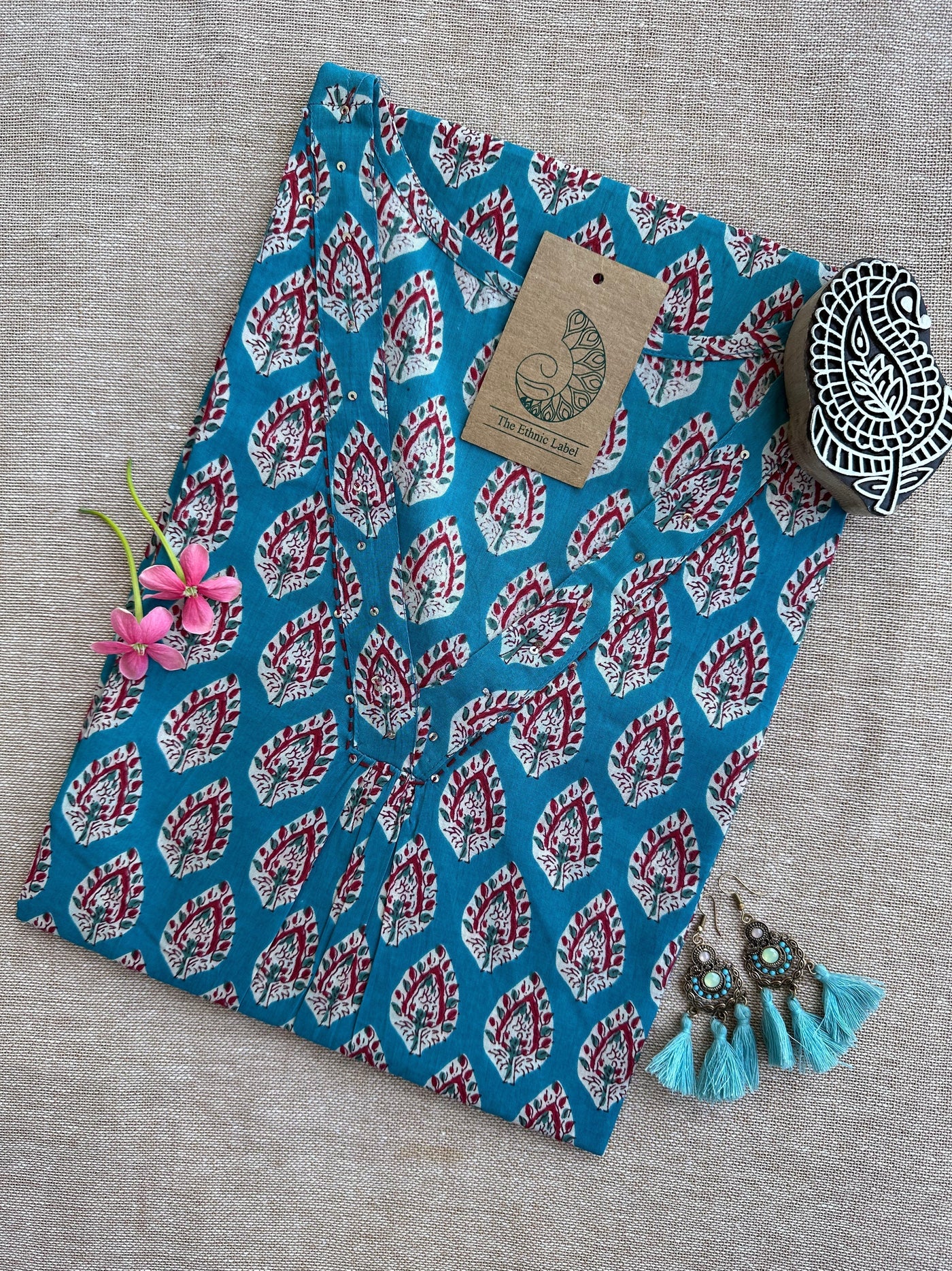Syona Blue Boota Hand Block Printed Cotton kurta