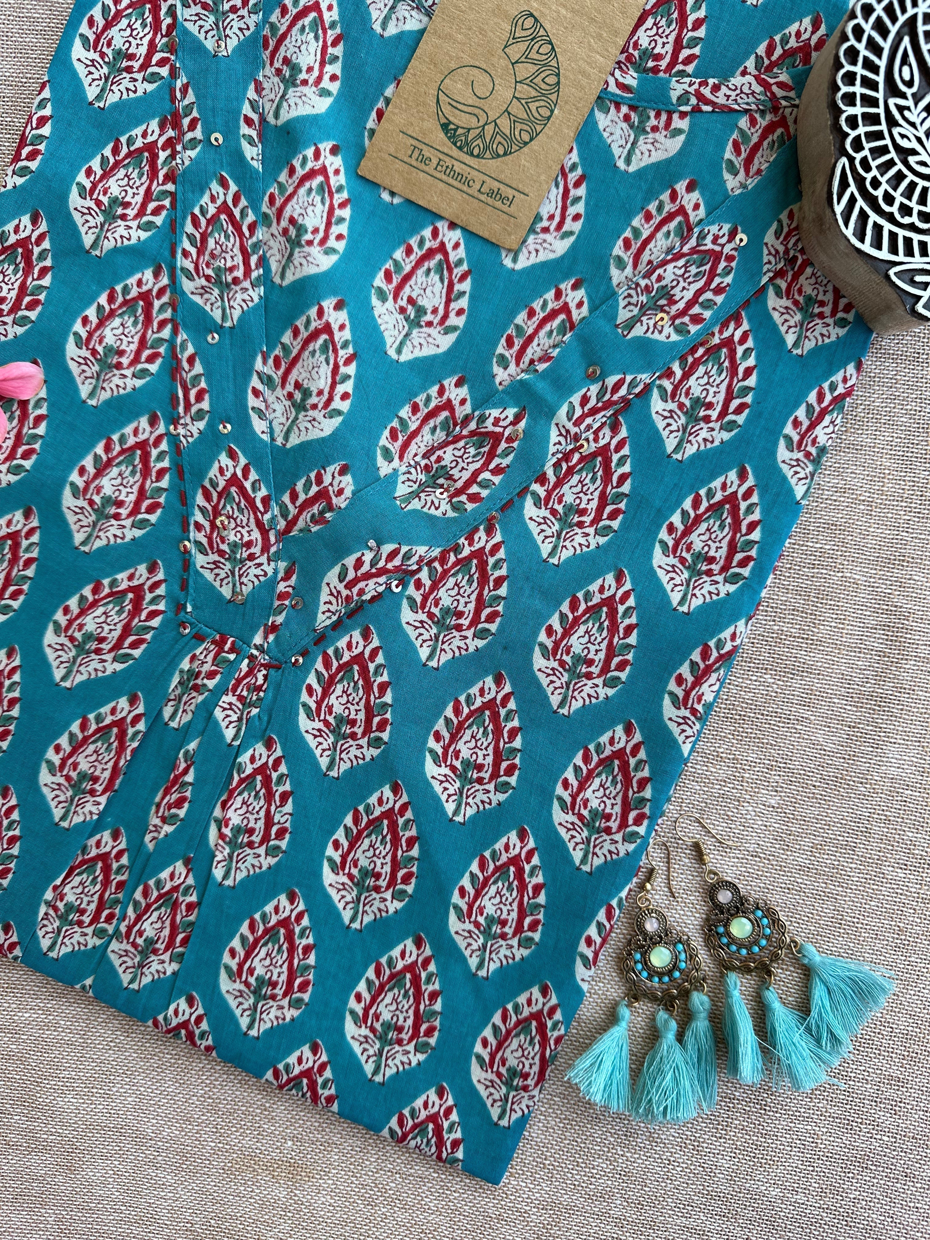 Syona Blue Boota Hand Block Printed Cotton kurta