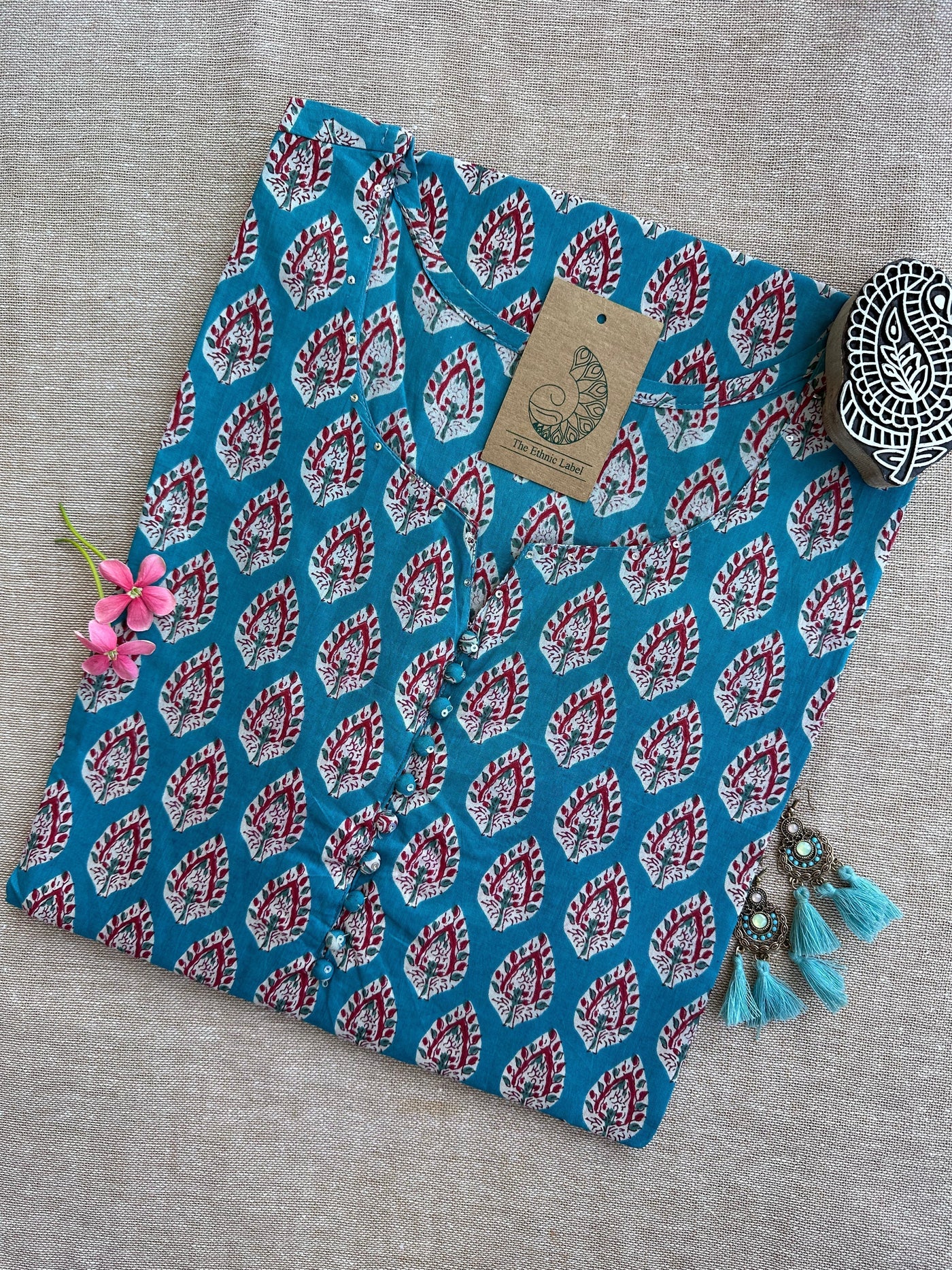 Syona Blue Boota Hand Block Printed Cotton kurta