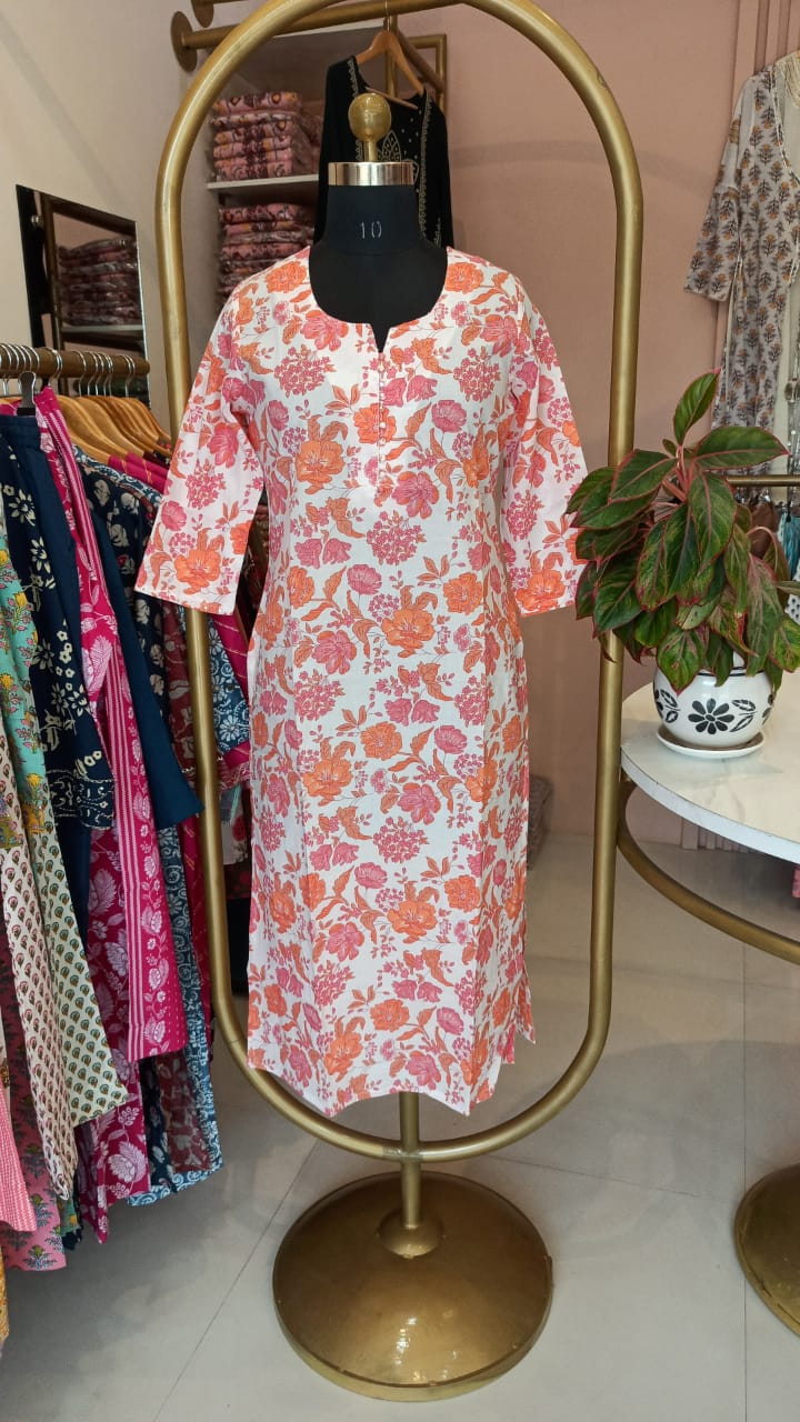 "Paradise" White Orange Cotton Kurta