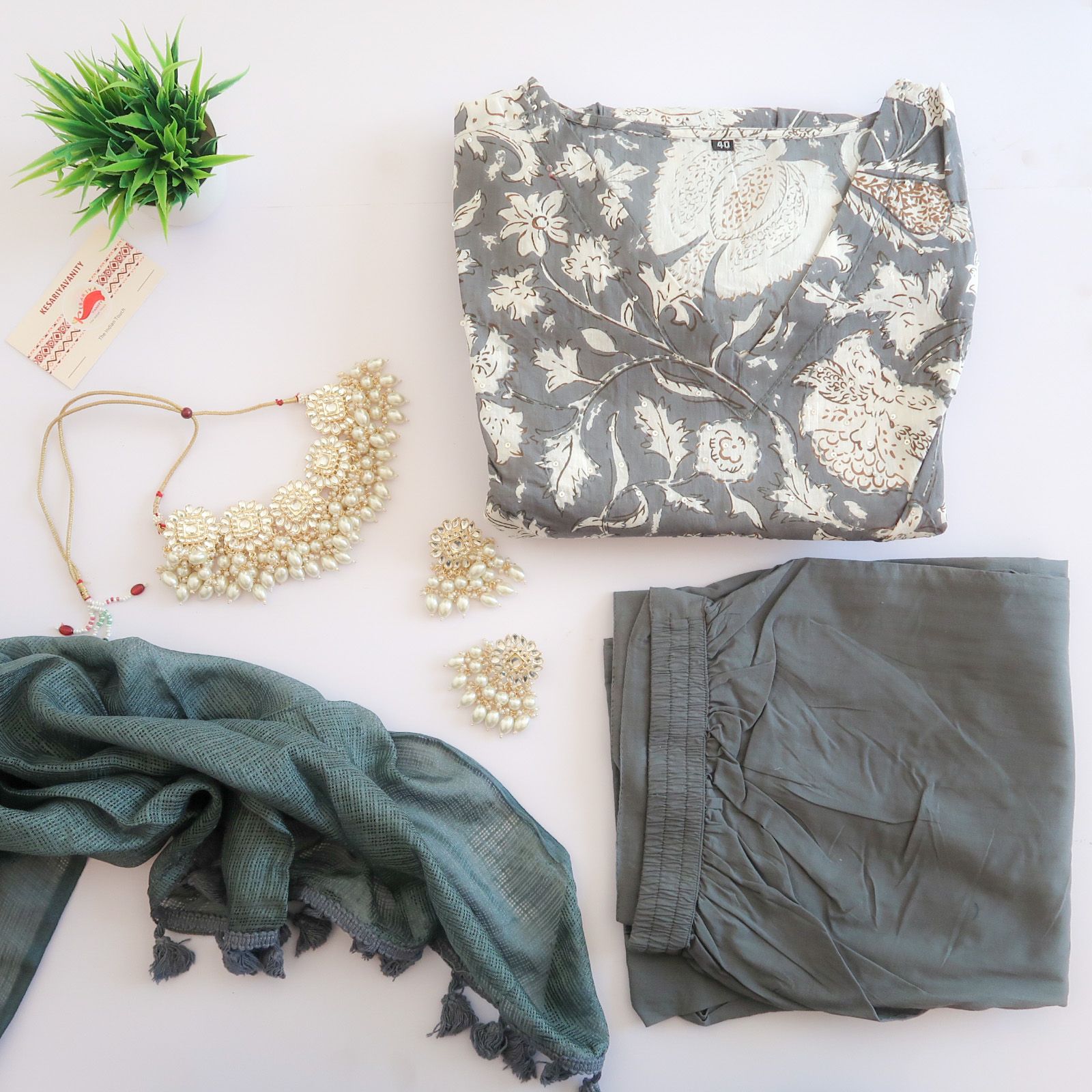 Grey Floral Suit Set