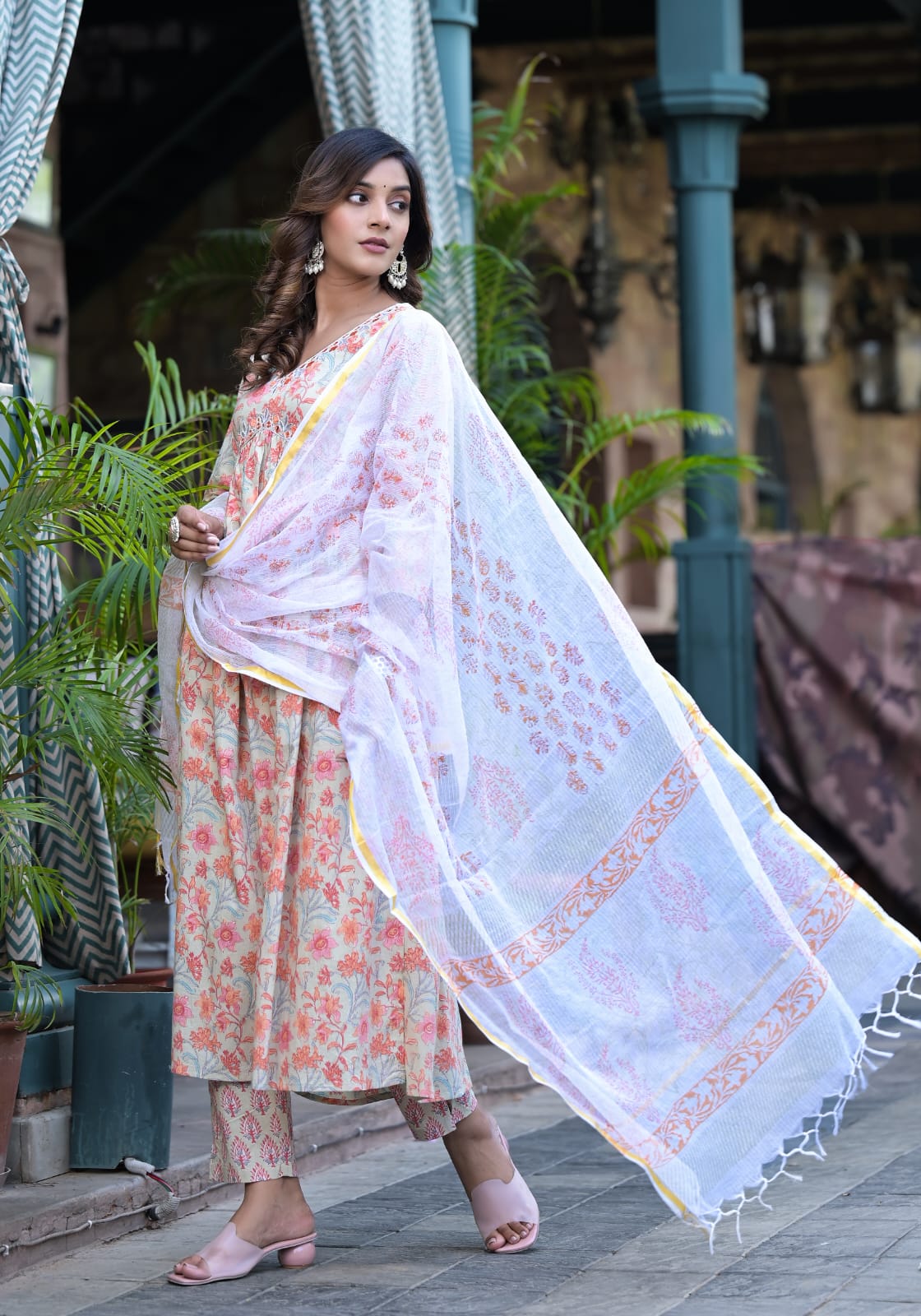 Orange Floral Cotton Suit Set