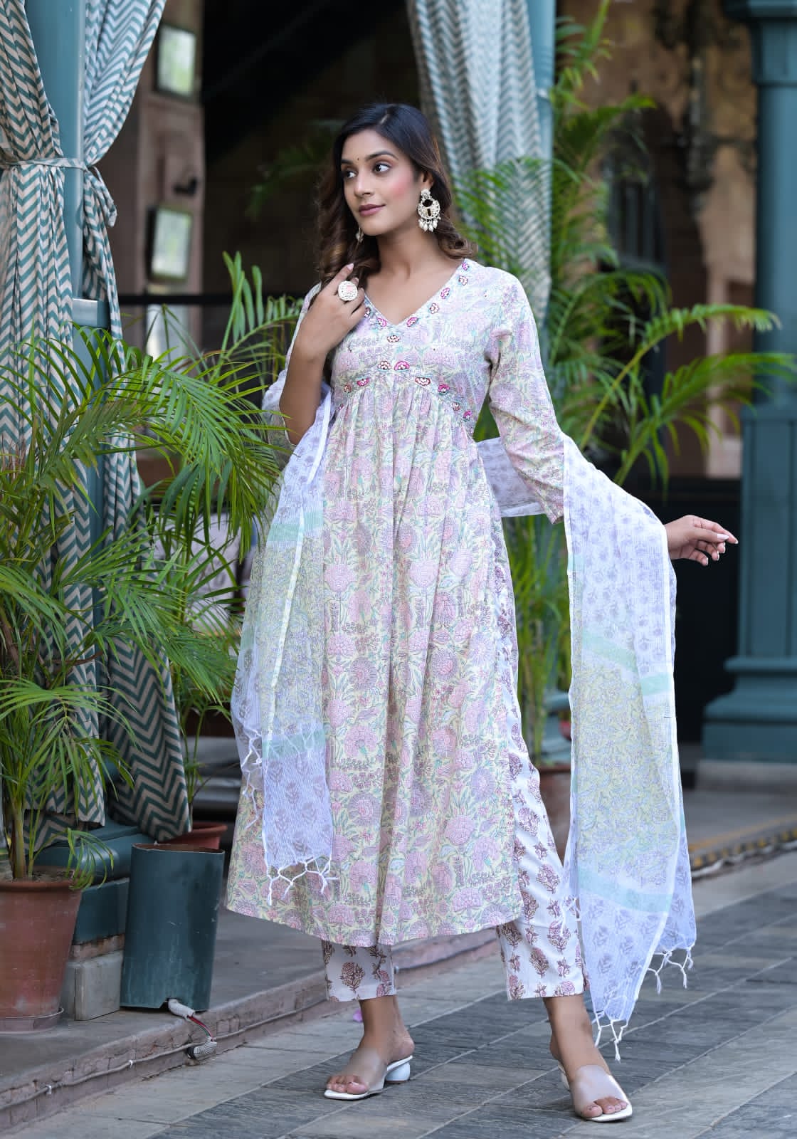 Floral Premium Cotton Suit Set - Cream Yellow