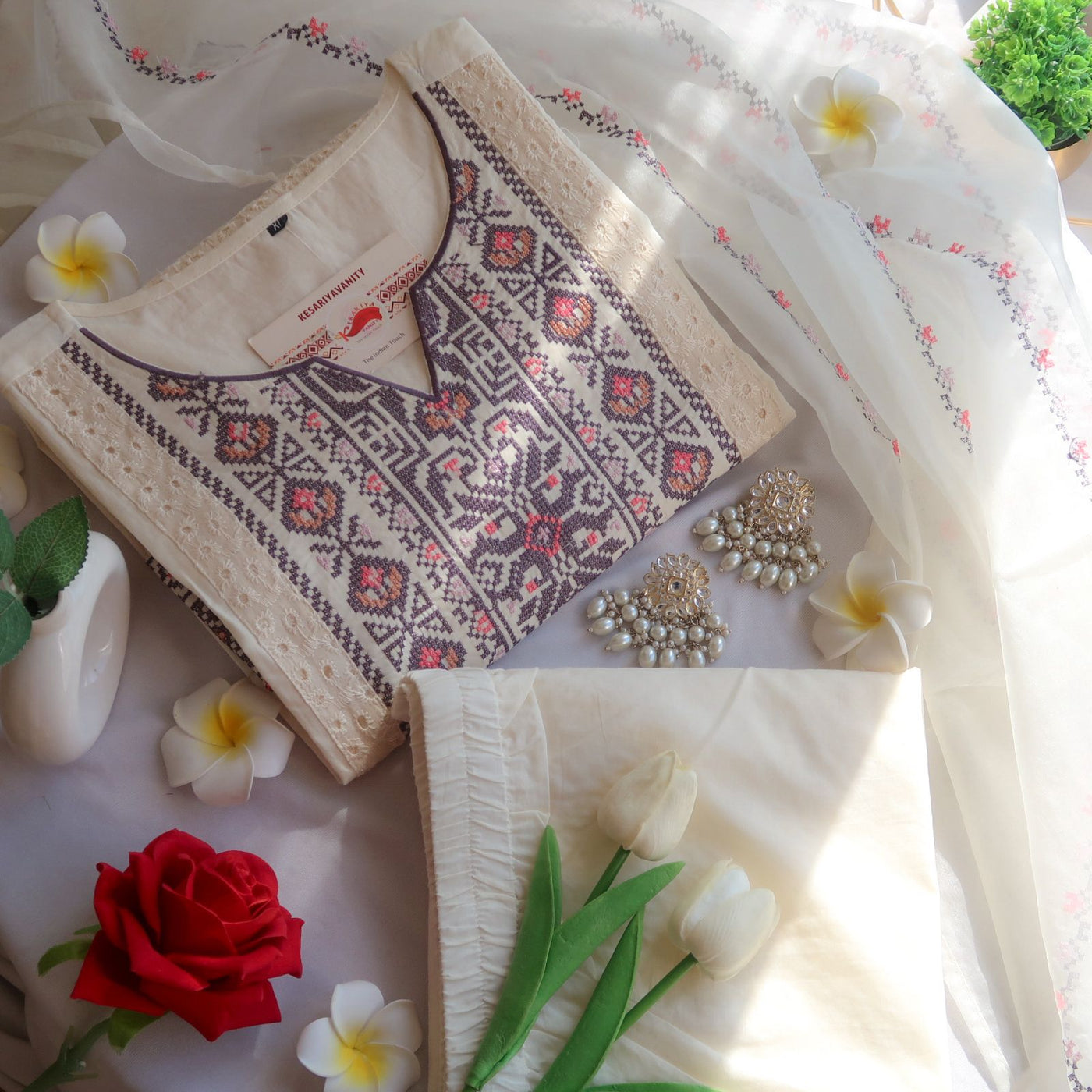 Saadgi Embroidered Three-Piece Cotton Suit Set